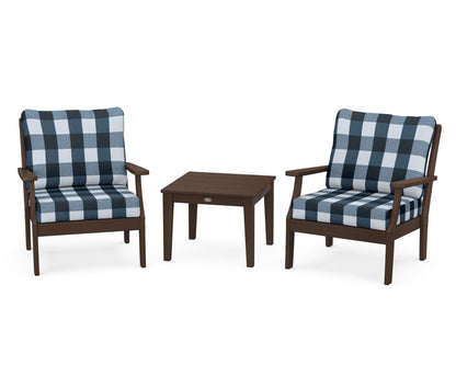 POLYWOOD® Braxton 3-Piece Deep Seating Set in Mahogany / Buffalo Plaid Marine Indigo