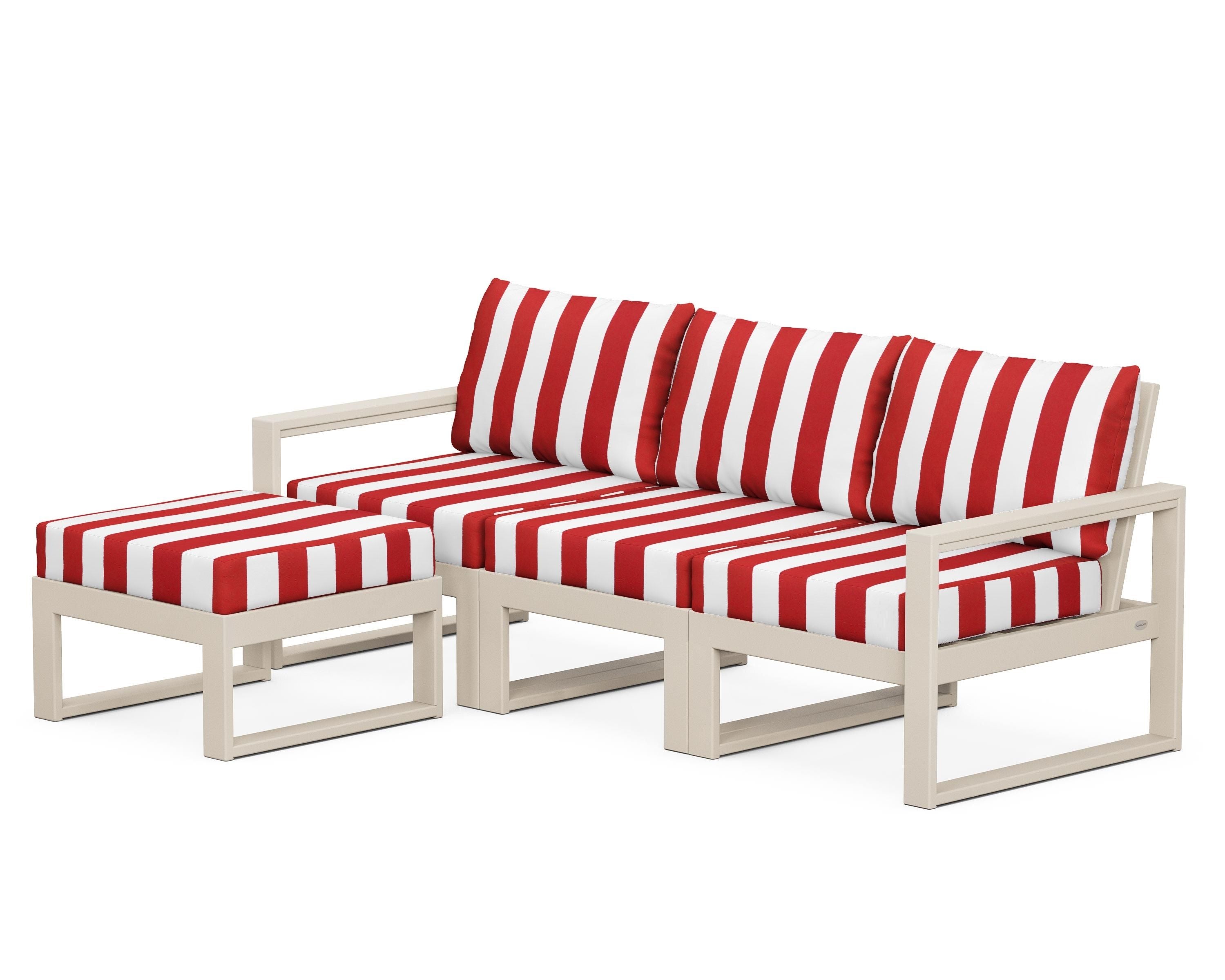 POLYWOOD® EDGE 4-Piece Modular Deep Seating Set with Ottoman in Sand / Cabana Stripe Crimson