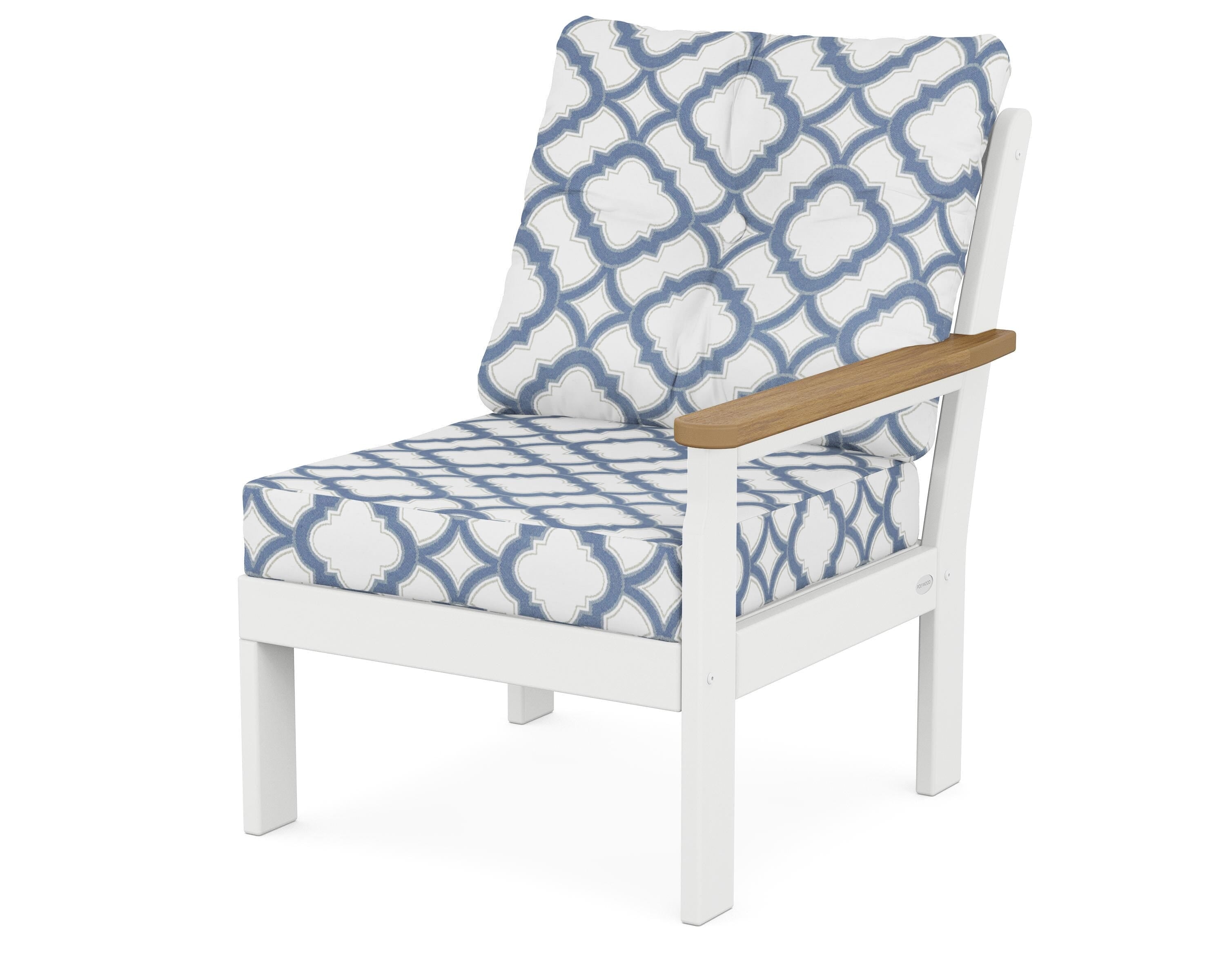 POLYWOOD® Vineyard Modular Right Arm Chair in White / Natural / Trellis Sky Blue