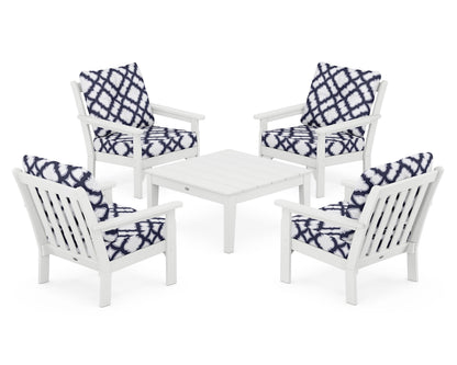 POLYWOOD® Vineyard 5-Piece Deep Seating Conversation Set in White / Trellis Navy