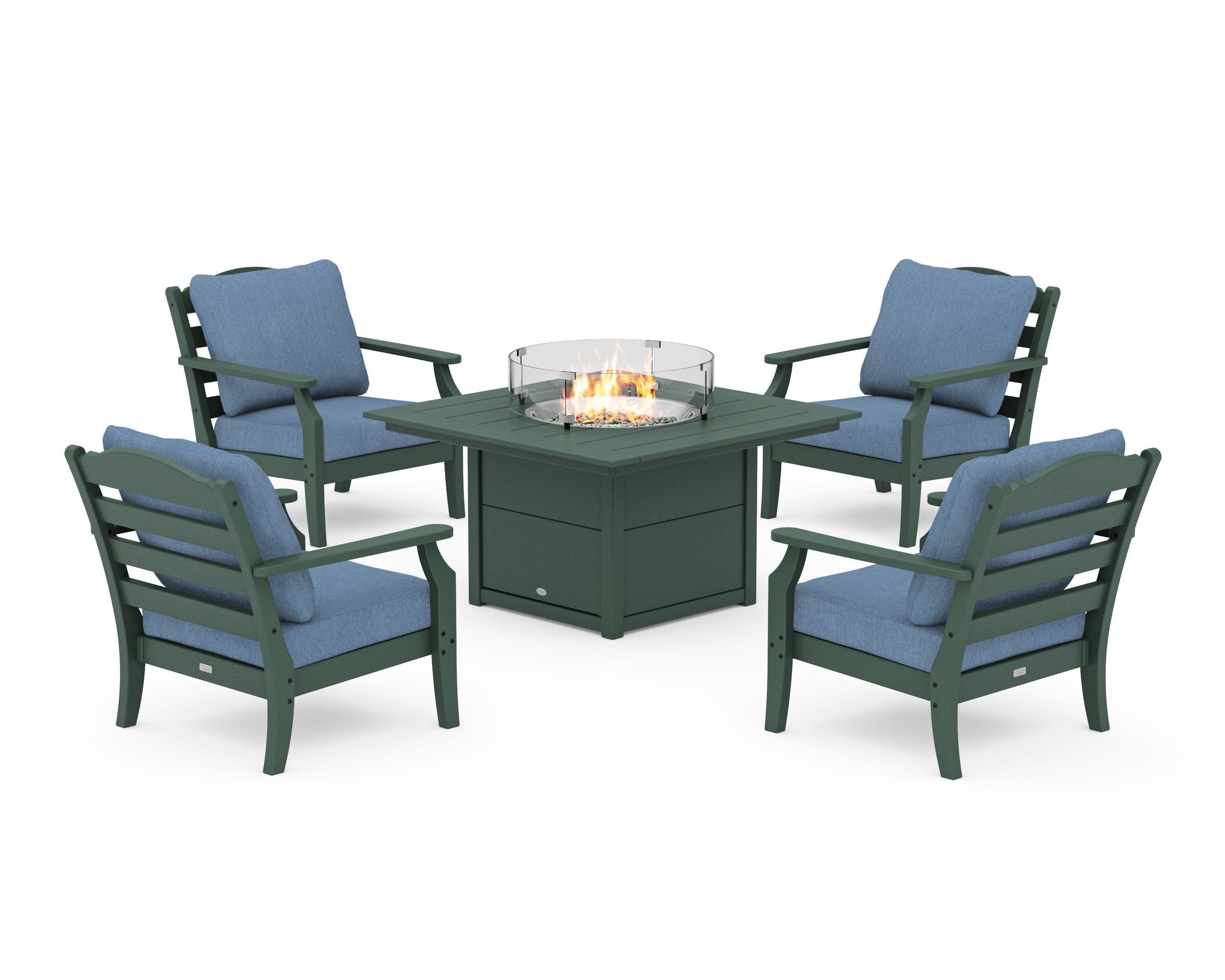 Draper James™ by  POLYWOOD® Savannah 5-Piece Deep Seating Set with Fire Pit Table in Green / Sky Blue