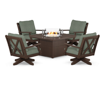 POLYWOOD® Braxton 5-Piece Deep Seating Swivel Conversation Set with Fire Pit Table in Mahogany / Cast Sage