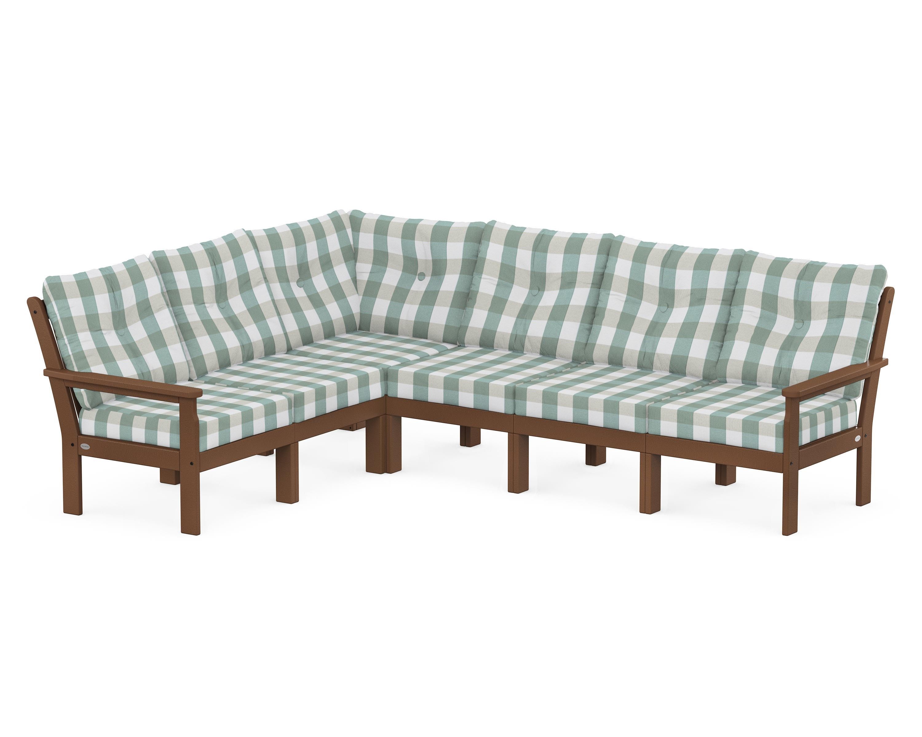 POLYWOOD® Vineyard 6-Piece Sectional in Teak / Buffalo Plaid Glacier Spa
