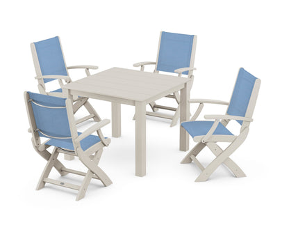 POLYWOOD® Coastal Folding Chair 5-Piece Parsons Dining Set in Sand / Poolside Sling