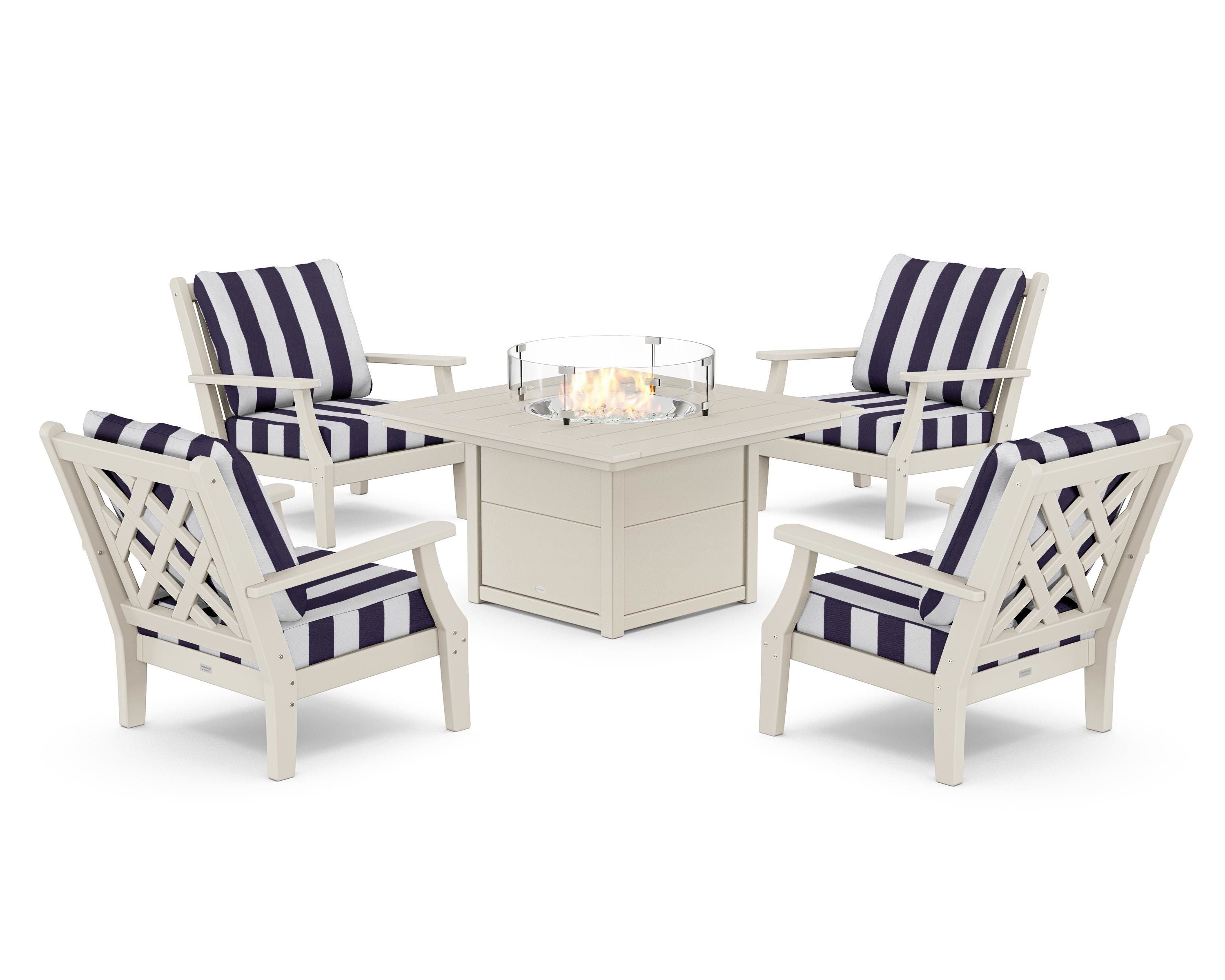 Country Living Wovendale 5-Piece Deep Seating Set with Fire Pit Table in Sand / Cabana Stripe Navy