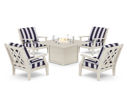 Country Living Wovendale 5-Piece Deep Seating Set with Fire Pit Table in Sand / Cabana Stripe Navy