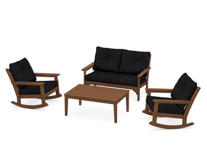 POLYWOOD® Vineyard 4-Piece Deep Seating Rocking Chair Set in Teak / Midnight Linen