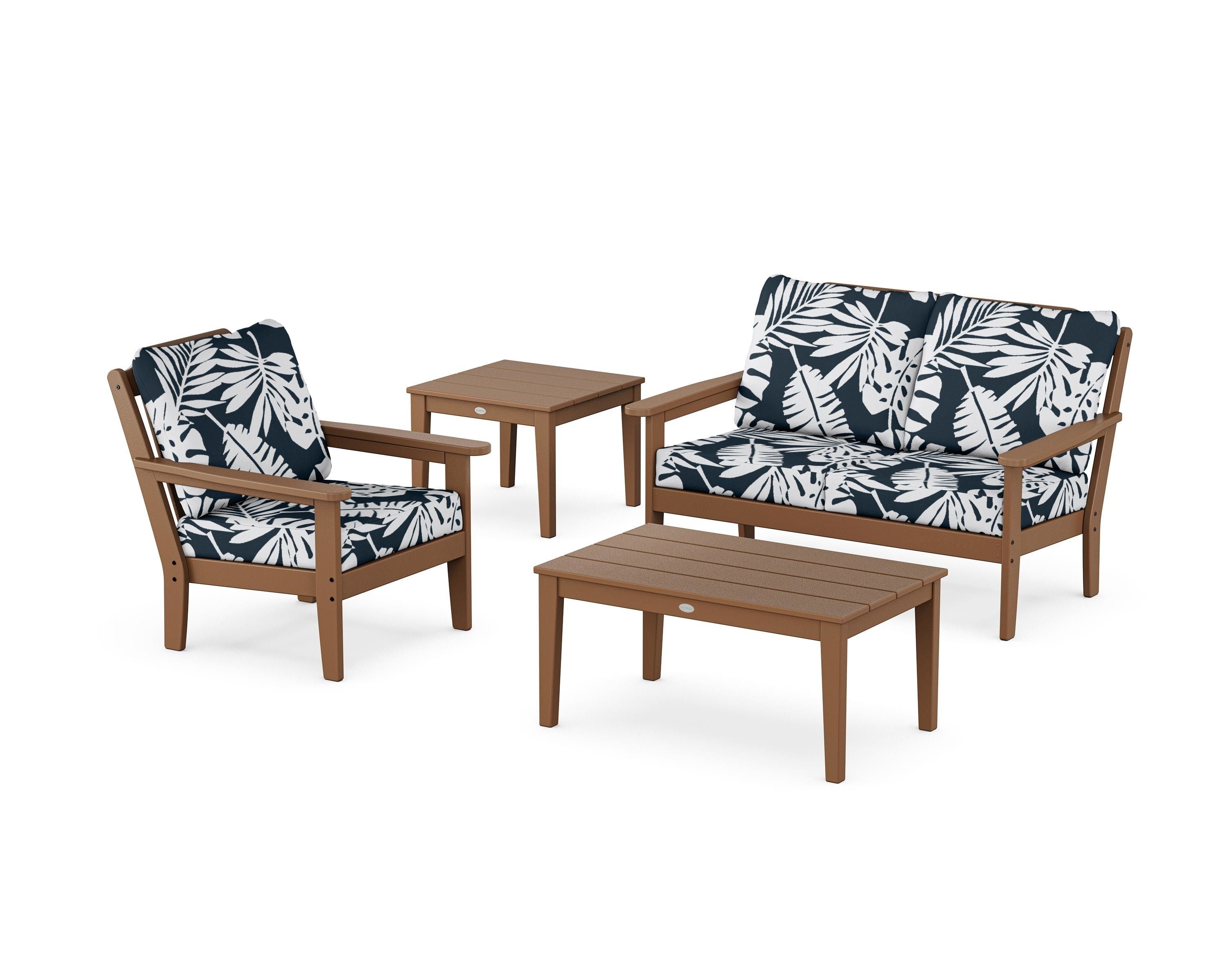 Country Living Wovendale 4-Piece Deep Seating Set in Teak / Leaf Marine Indigo