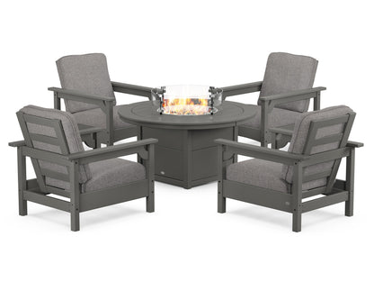 POLYWOOD® Club 5-Piece Conversation Set with Fire Pit Table in Slate Grey / Grey Mist
