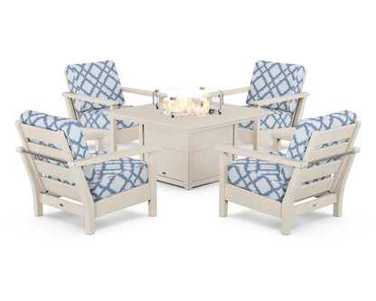 POLYWOOD® Harbour 5-Piece Conversation Set with Fire Pit Table in Sand / Trellis Sky Blue