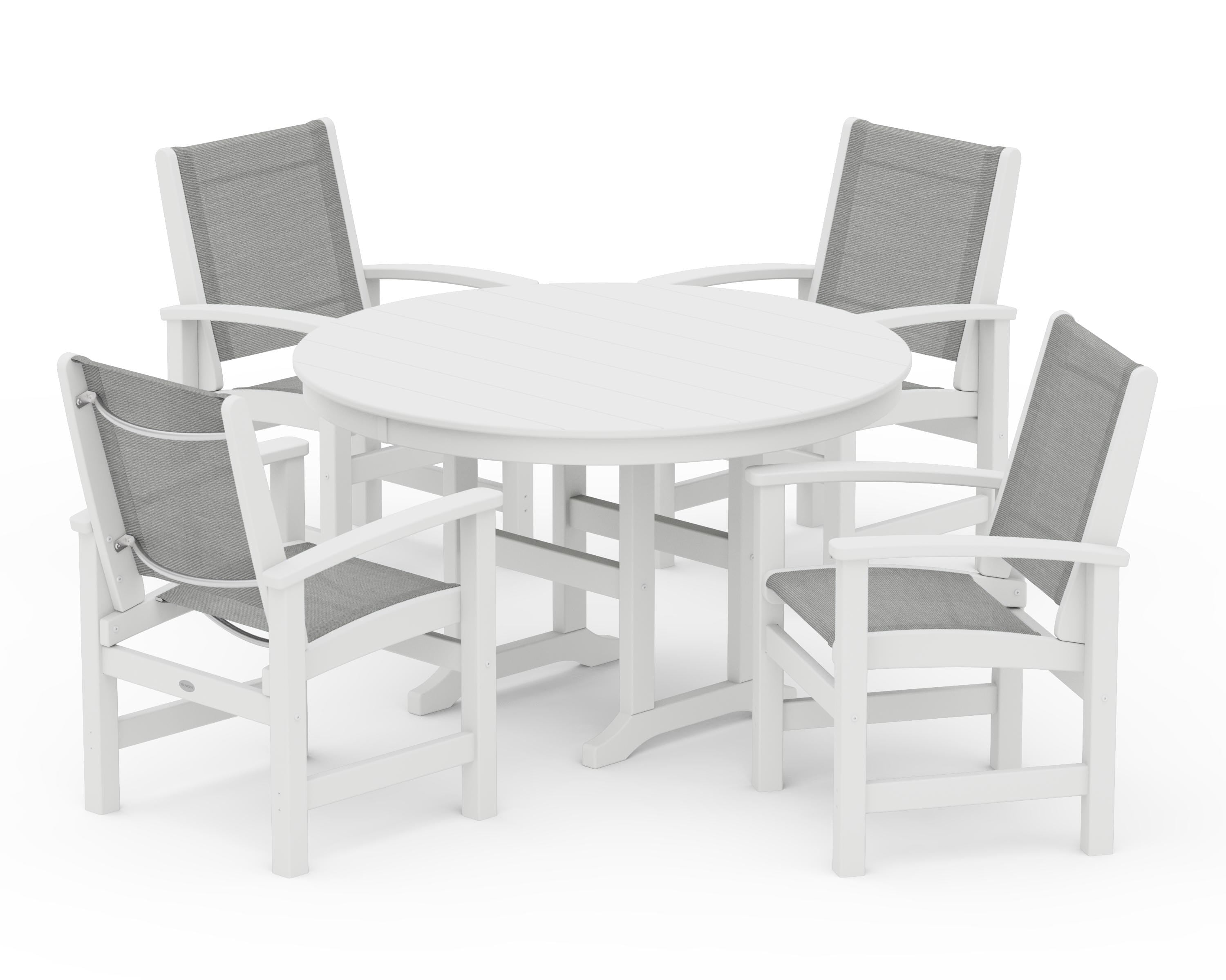 POLYWOOD® Coastal 5-Piece Round Farmhouse Dining Set in White / Metallic Sling