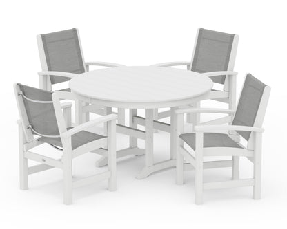 POLYWOOD® Coastal 5-Piece Round Farmhouse Dining Set in White / Metallic Sling