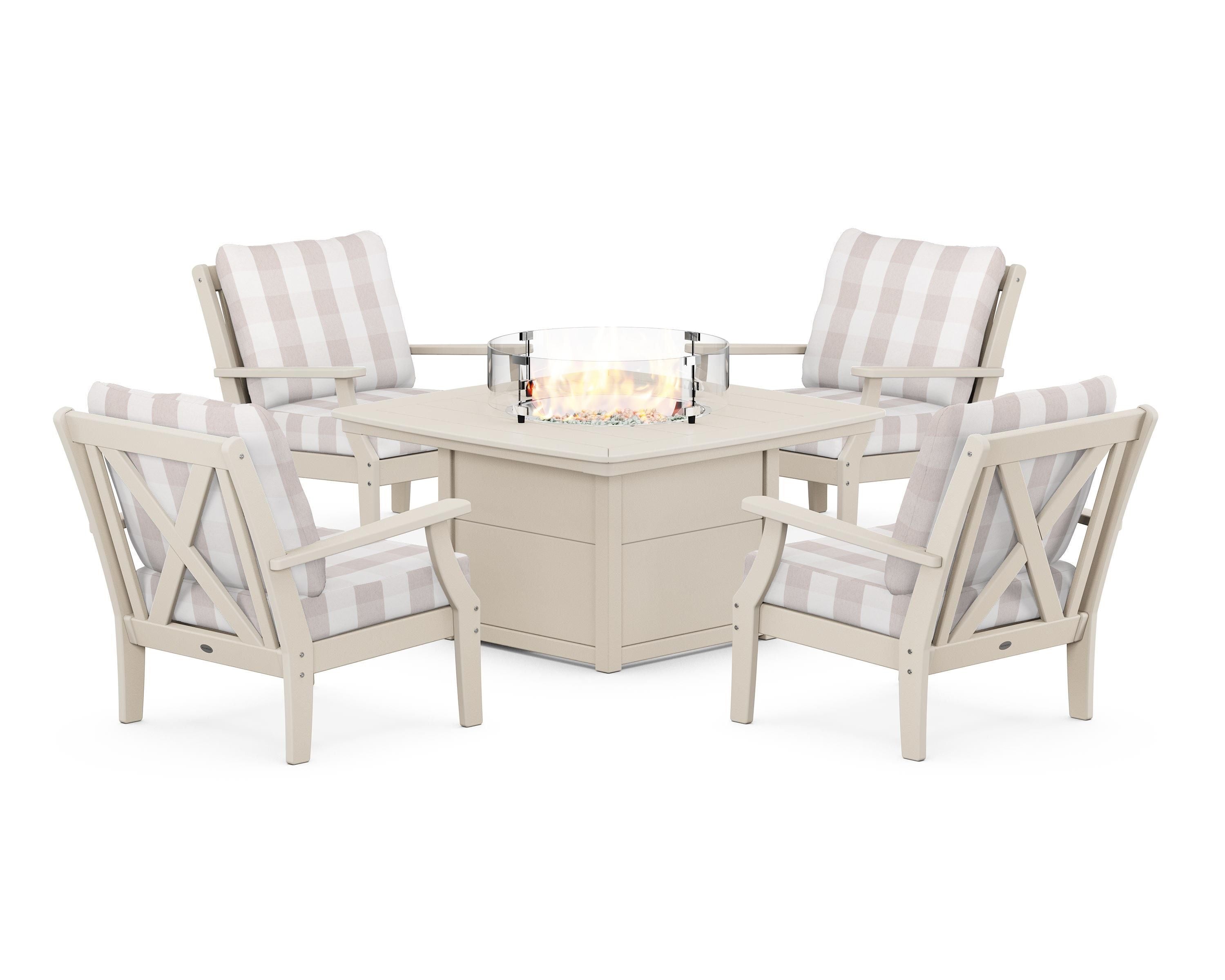 POLYWOOD® Braxton 5-Piece Deep Seating Conversation Set with Fire Pit Table in Sand / Buffalo Plaid Dune Burlap