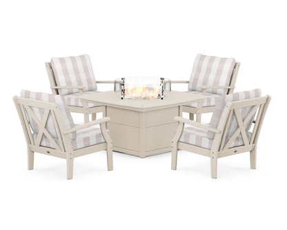 POLYWOOD® Braxton 5-Piece Deep Seating Conversation Set with Fire Pit Table in Sand / Buffalo Plaid Dune Burlap