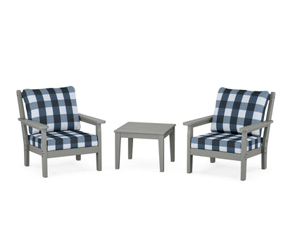 POLYWOOD® Chippendale 3-Piece Deep Seating Set in Slate Grey / Buffalo Plaid Marine Indigo