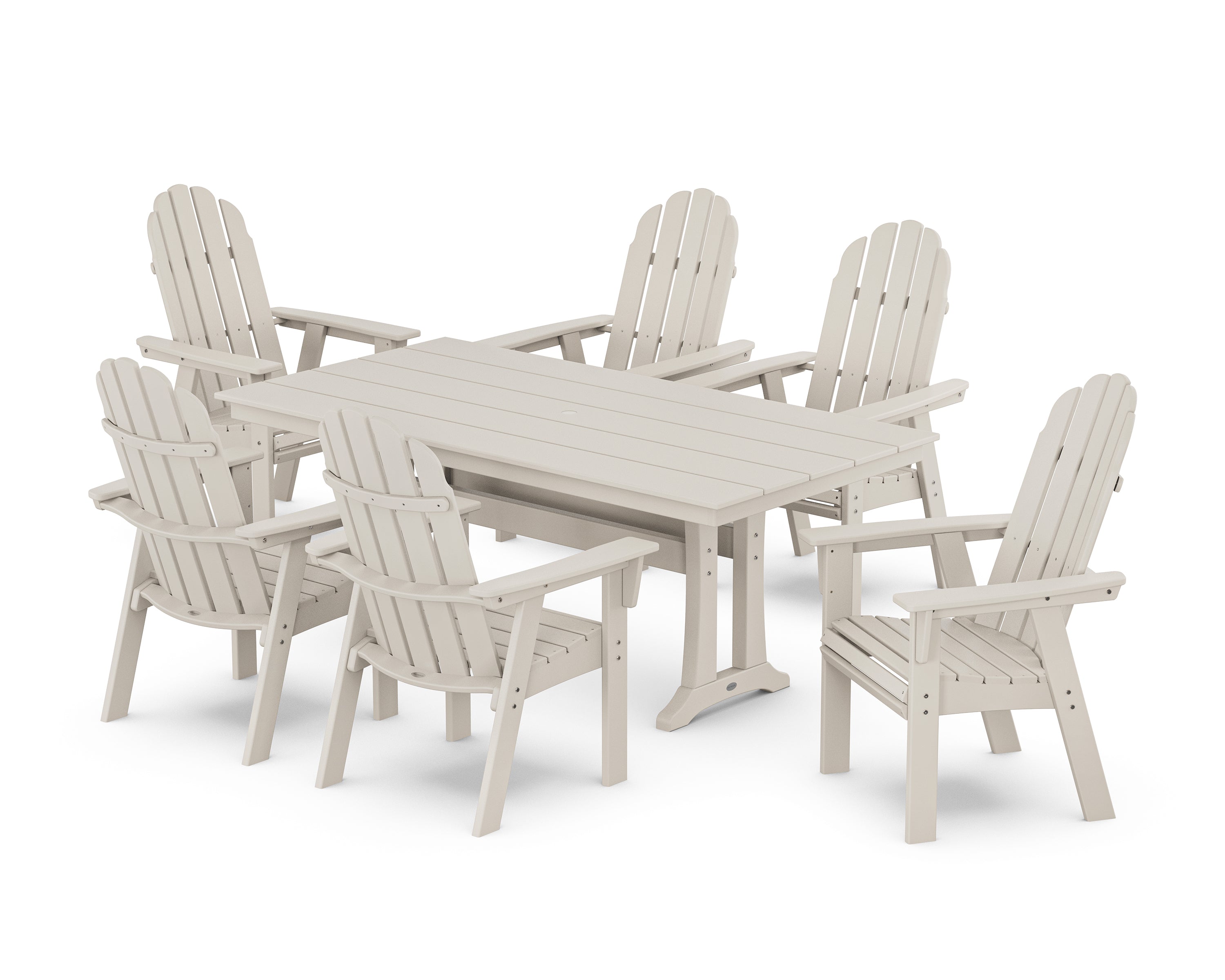POLYWOOD® Vineyard Curveback Adirondack Chair 7-Piece Farmhouse Dining Set with Trestle Legs in Sand