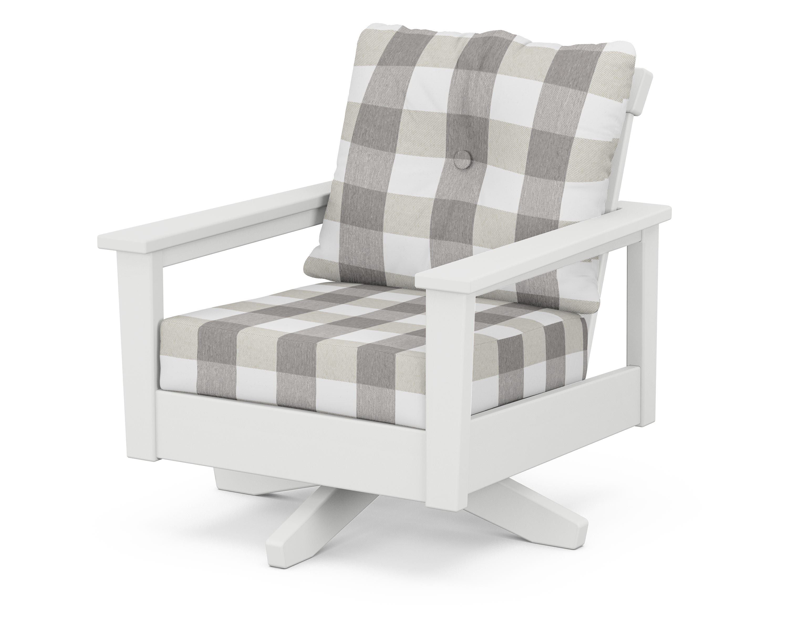 POLYWOOD® Prescott Deep Seating Swivel Chair in White / Buffalo Plaid Grey Mist