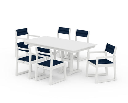 POLYWOOD® EDGE Sling 7-Piece Farmhouse Dining Set in White / Navy Blue Sling