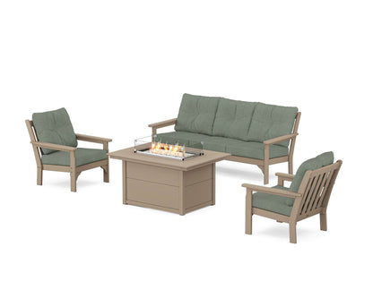 POLYWOOD® Vineyard Deep Seating Fire Pit Table Set in Vintage Sahara / Cast Sage