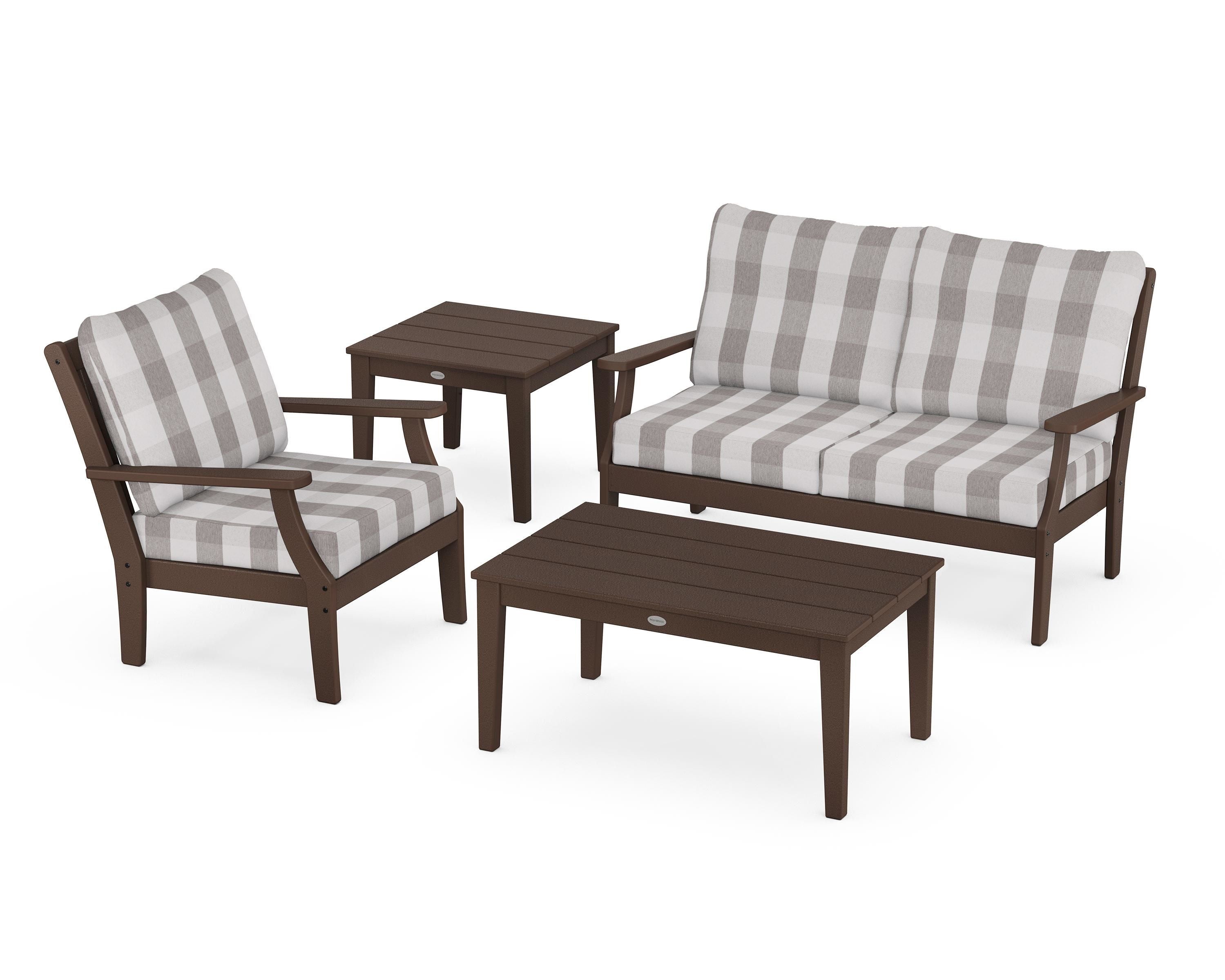 POLYWOOD® Braxton 4-Piece Deep Seating Set in Mahogany / Buffalo Plaid Grey Mist