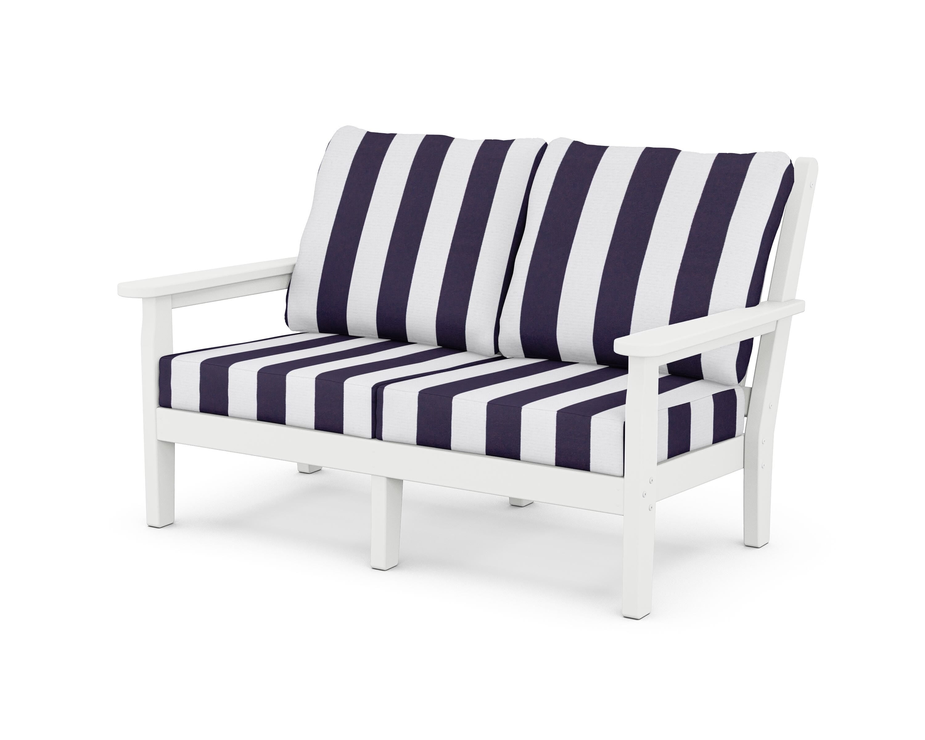 POLYWOOD® Chippendale Deep Seating Loveseat in White / Cabana Stripe Navy