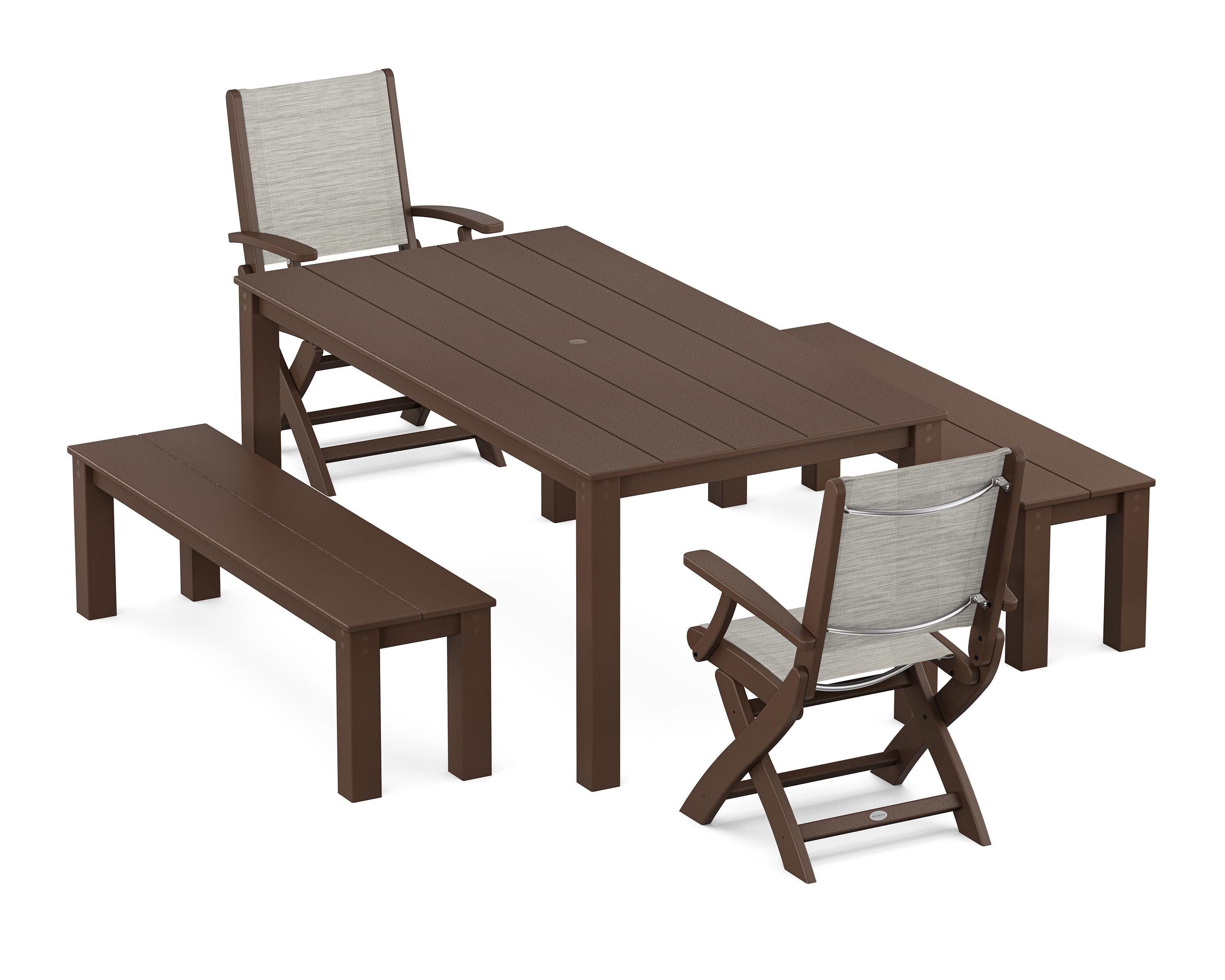 POLYWOOD® Coastal Folding Chair 5-Piece Parsons Dining Set with Benches in Mahogany / Birch Sling