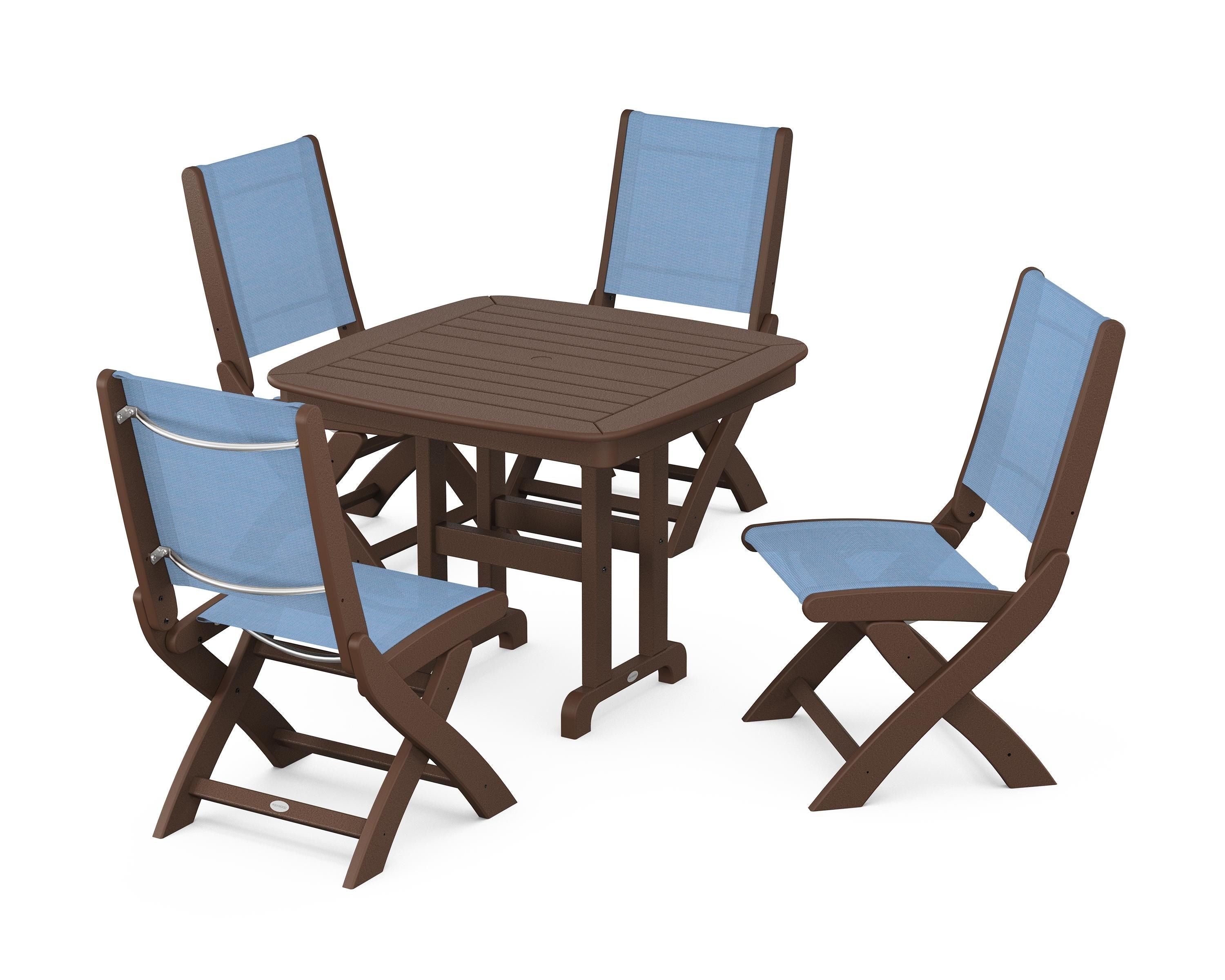 POLYWOOD® Coastal Folding Side Chair 5-Piece Dining Set in Mahogany / Poolside Sling