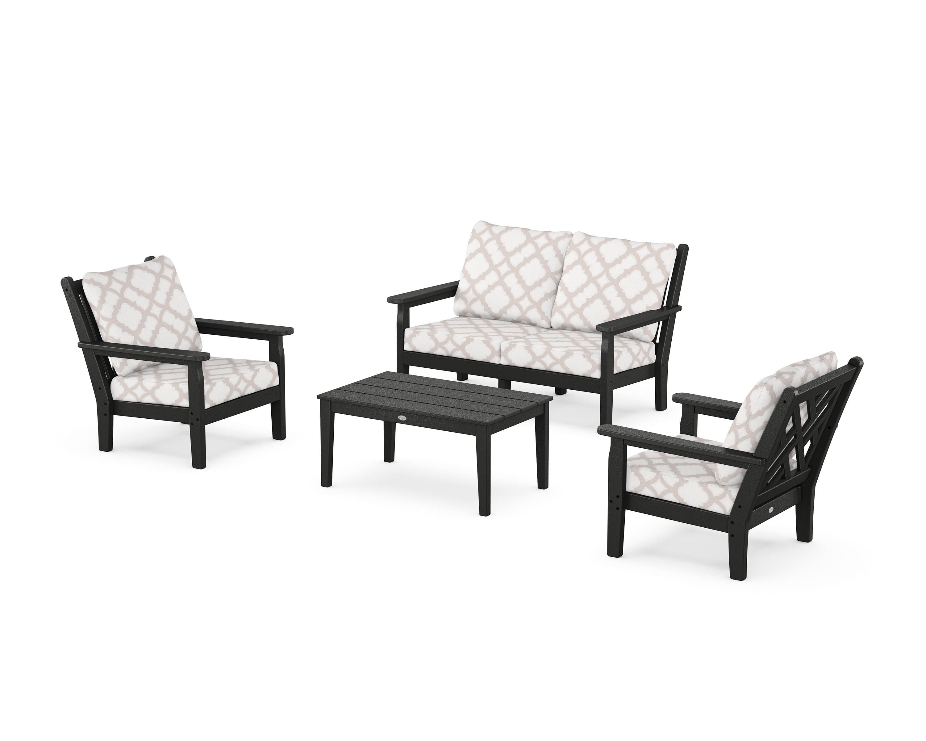 POLYWOOD® Chippendale 4-Piece Deep Seating Set with Loveseat in Black / Trellis Dune Burlap