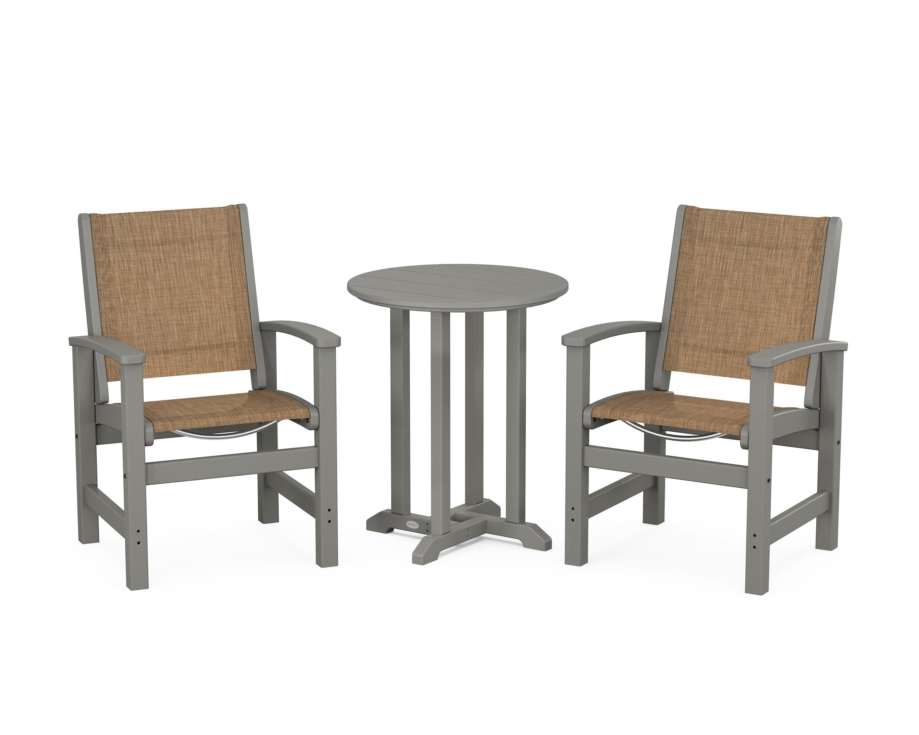 POLYWOOD® Coastal 3-Piece Round Bistro Dining Set in Slate Grey / Burlap Sling