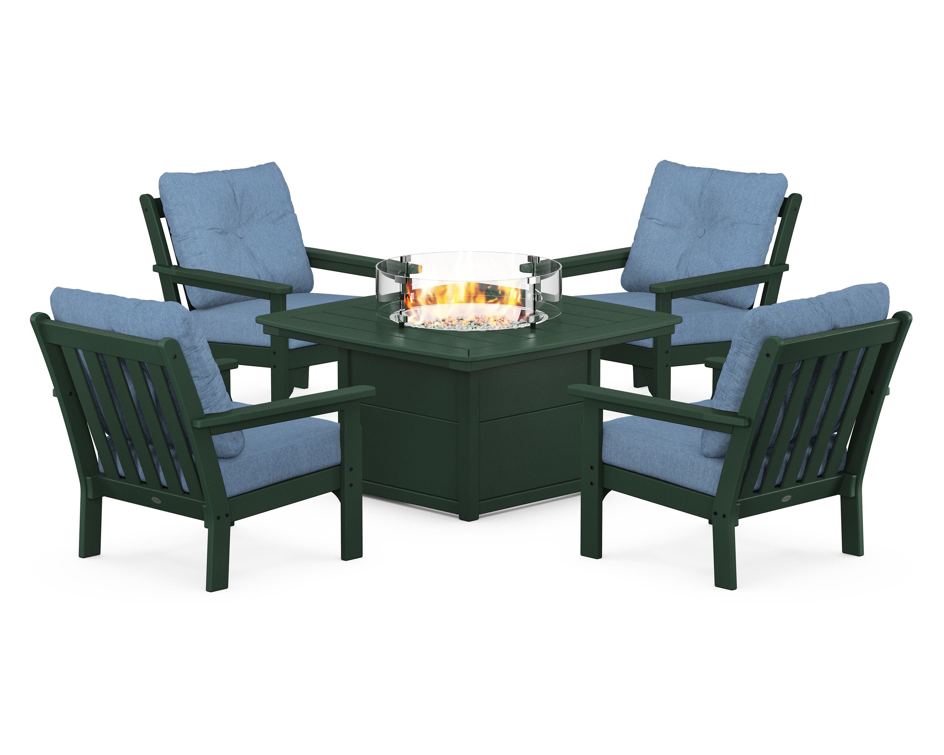 POLYWOOD® Vineyard 5-Piece Conversation Set with Fire Pit Table in Green / Sky Blue