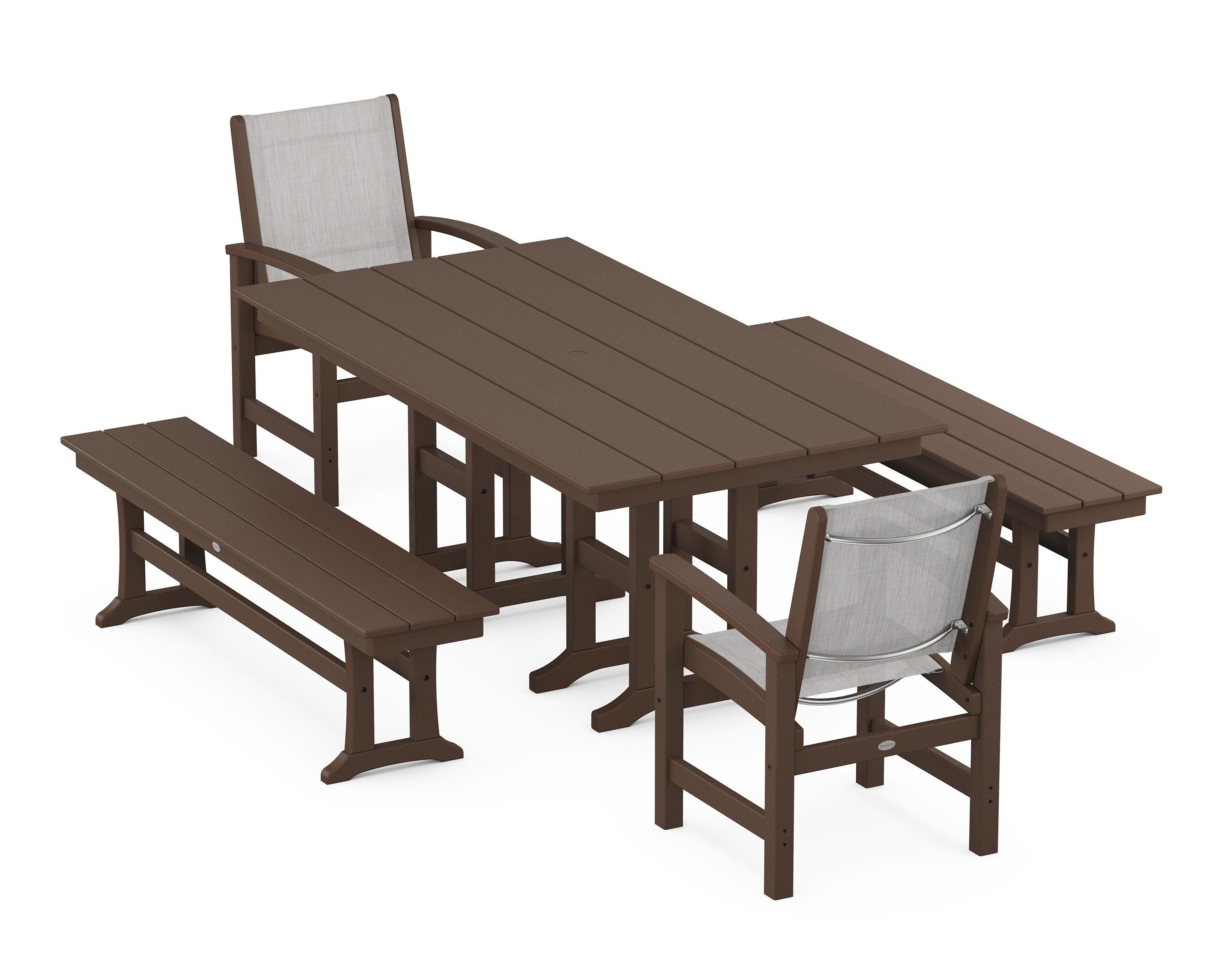POLYWOOD® Coastal 5-Piece Farmhouse Dining Set in Mahogany / Parchment Sling
