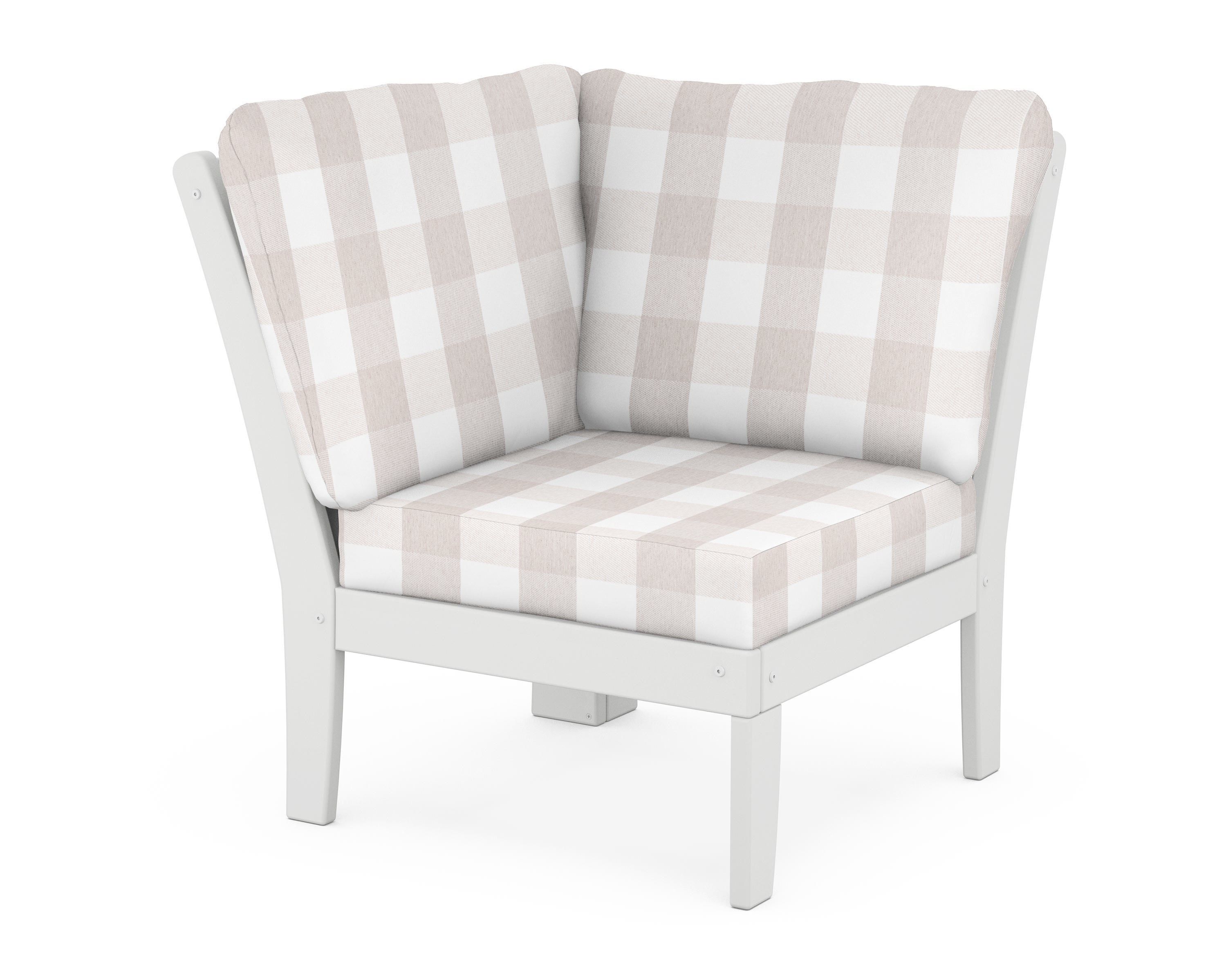 POLYWOOD® Braxton Modular Corner Chair in White / Buffalo Plaid Dune Burlap
