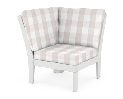 POLYWOOD® Braxton Modular Corner Chair in White / Buffalo Plaid Dune Burlap