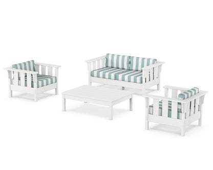 Martha Stewart by POLYWOOD® Acadia 4-Piece Deep Seating Set with Loveseat in White / Cabana Stripe Glacier Spa