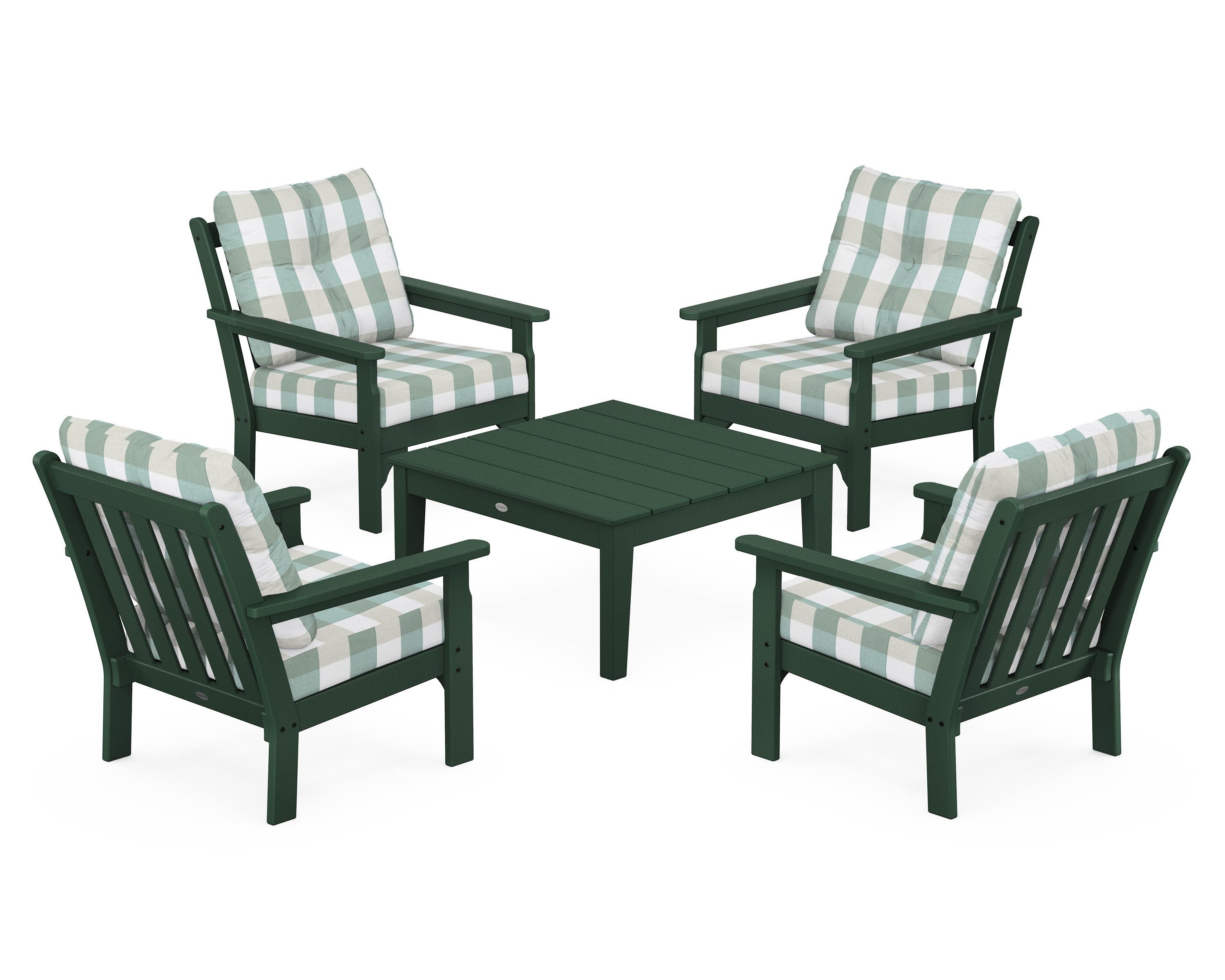 POLYWOOD® Vineyard 5-Piece Deep Seating Conversation Set in Green / Buffalo Plaid Glacier Spa