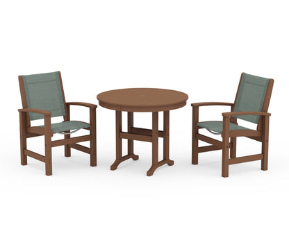POLYWOOD® Coastal 3-Piece Round Dining Set in Teak / Dupioni Sea Mist Sling
