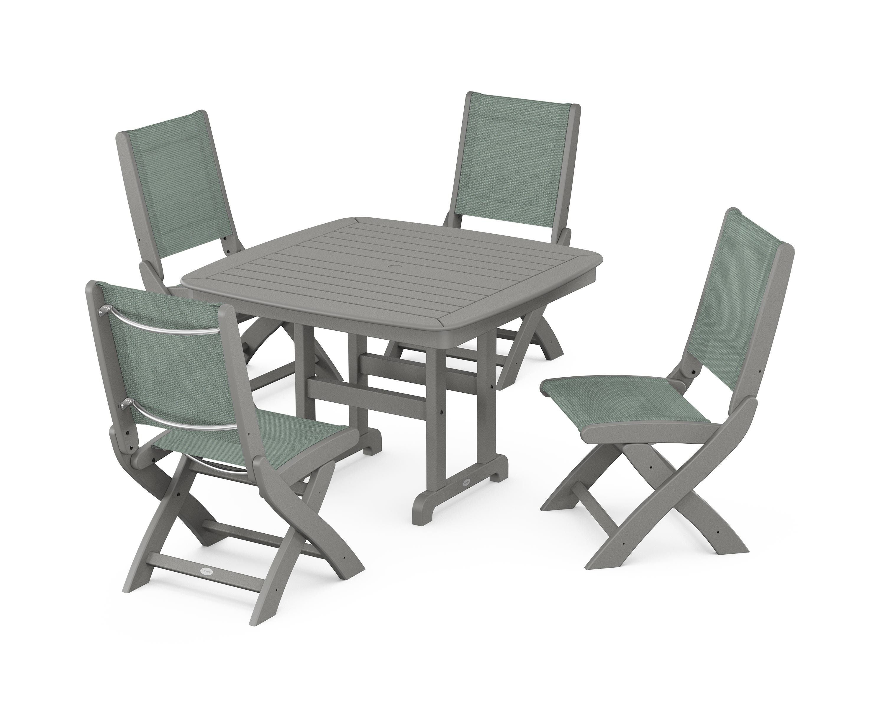 POLYWOOD® Coastal Folding Side Chair 5-Piece Dining Set in Slate Grey / Dupioni Sea Mist Sling