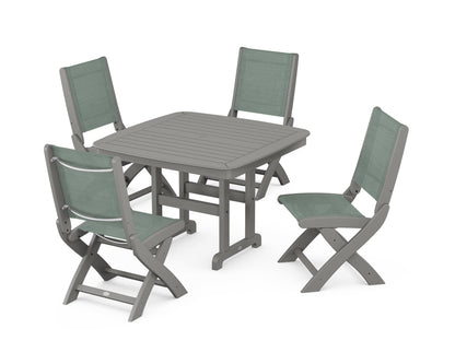 POLYWOOD® Coastal Folding Side Chair 5-Piece Dining Set in Slate Grey / Dupioni Sea Mist Sling