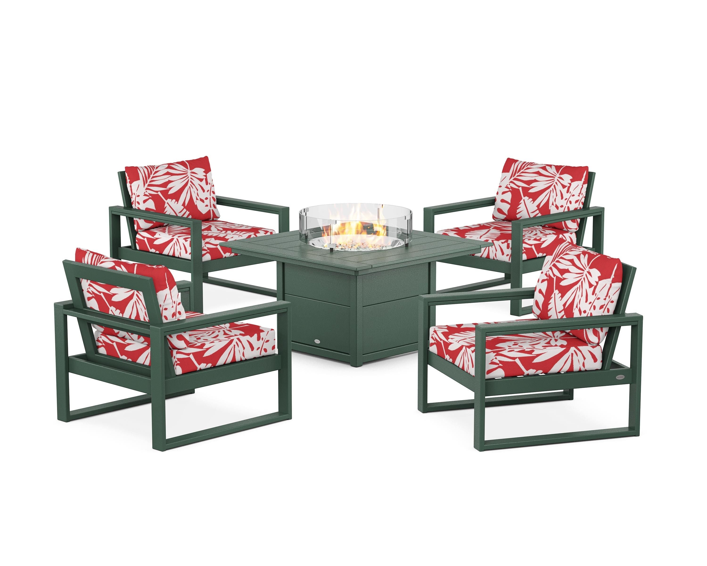 POLYWOOD® EDGE Sectional 5-Piece Deep Seating Set with Fire Pit Table in Green / Leaf Crimson