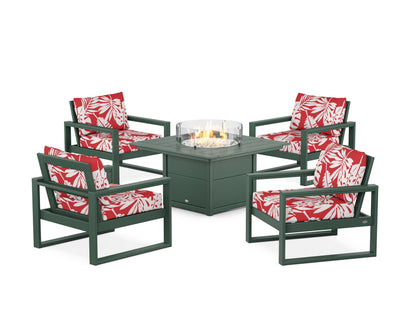 POLYWOOD® EDGE Sectional 5-Piece Deep Seating Set with Fire Pit Table in Green / Leaf Crimson