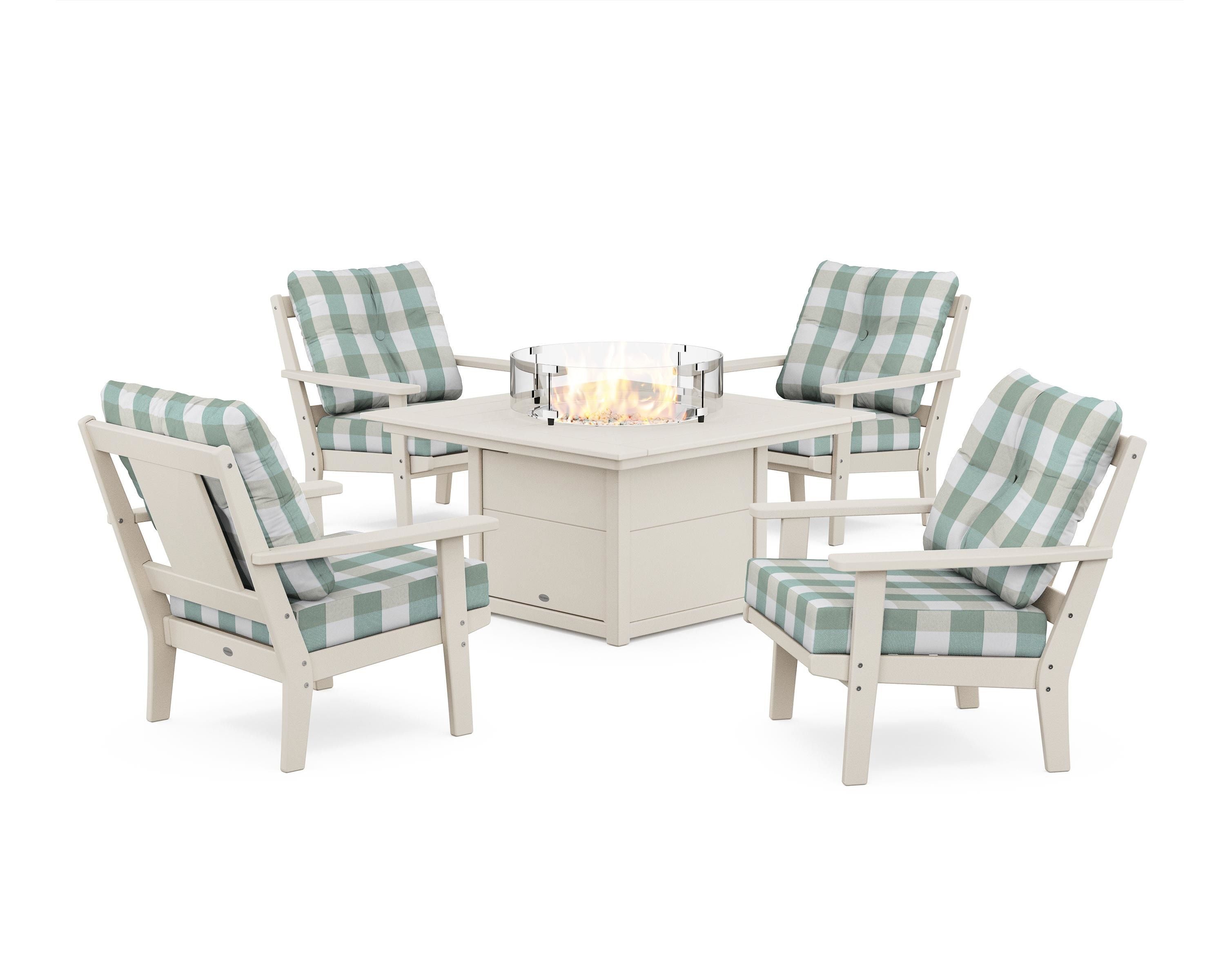 POLYWOOD® Prairie 5-Piece Deep Seating Set with Fire Pit Table in Sand / Buffalo Plaid Glacier Spa