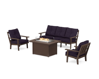 POLYWOOD® Oxford Deep Seating Fire Pit Table Set in Mahogany / Navy Linen
