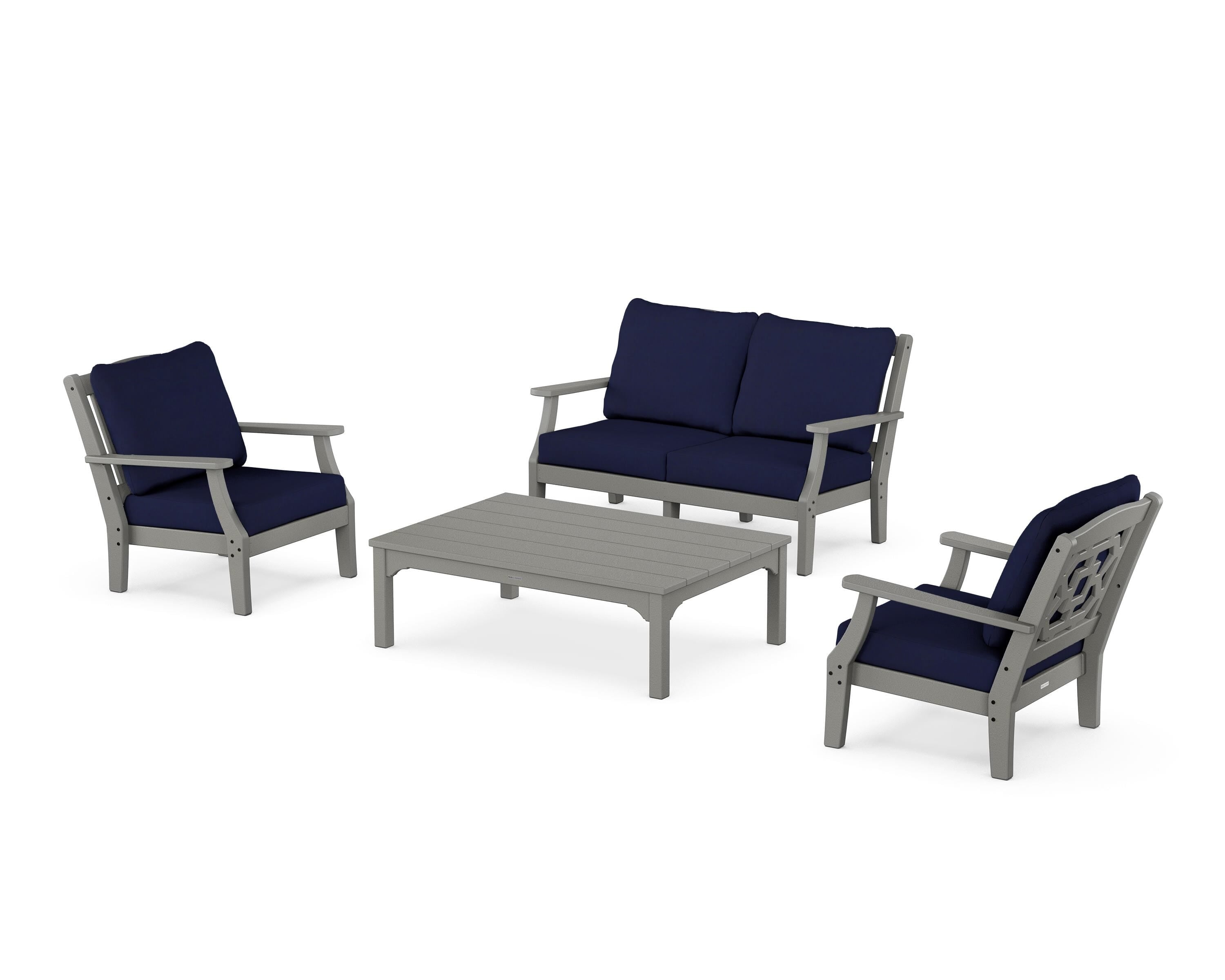 Martha Stewart by POLYWOOD® Chinoiserie 4-Piece Deep Seating Set with Loveseat in Slate Grey / Navy