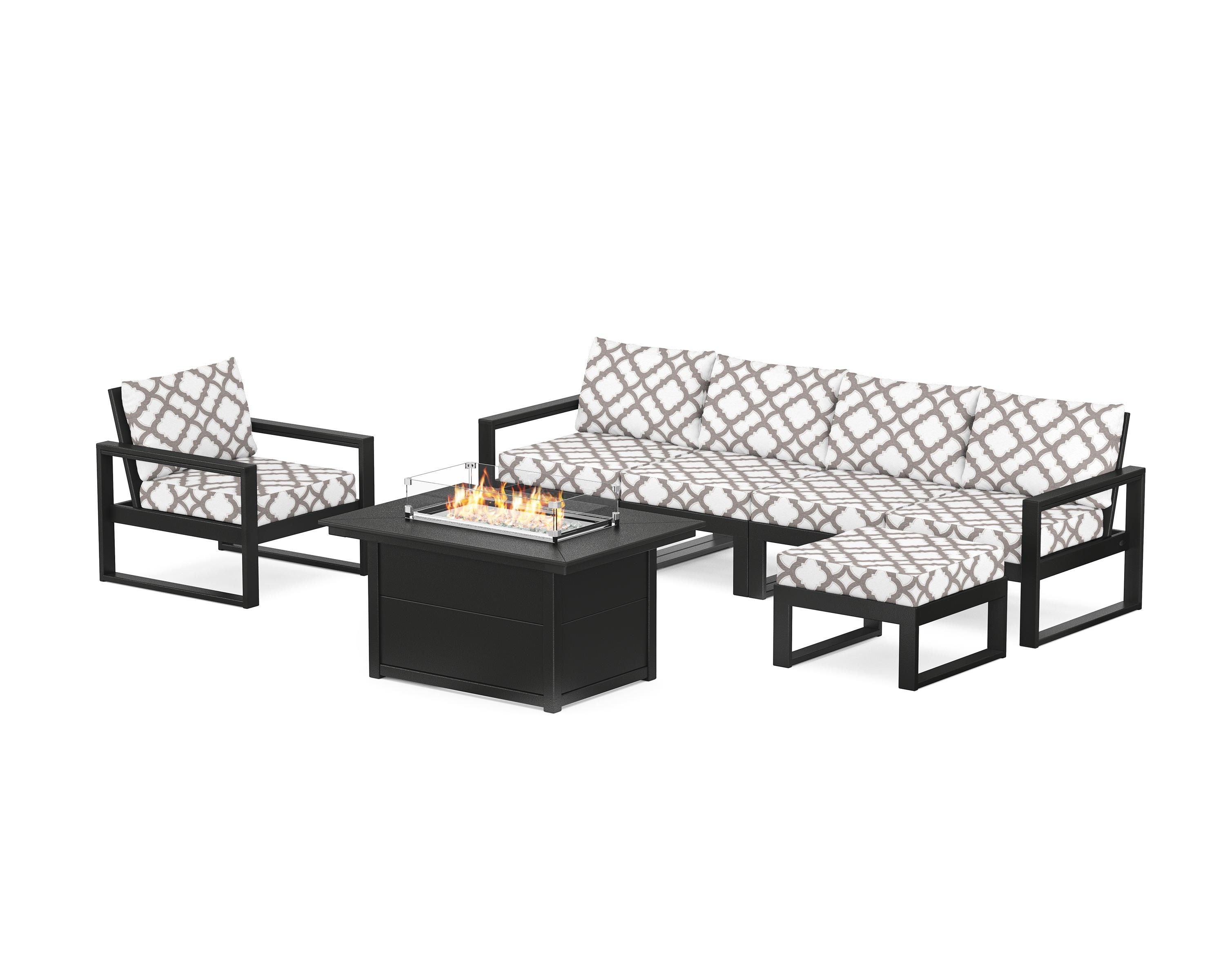POLYWOOD® EDGE Sectional Lounge and Fire Pit Set in Black / Trellis Grey Mist