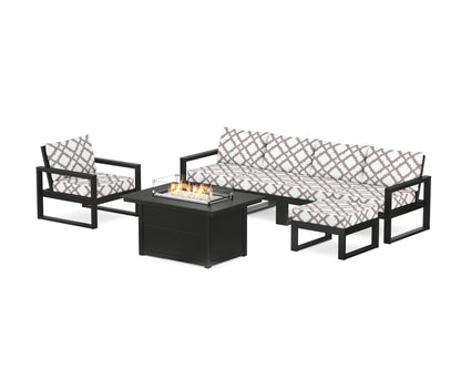 POLYWOOD® EDGE Sectional Lounge and Fire Pit Set in Black / Trellis Grey Mist