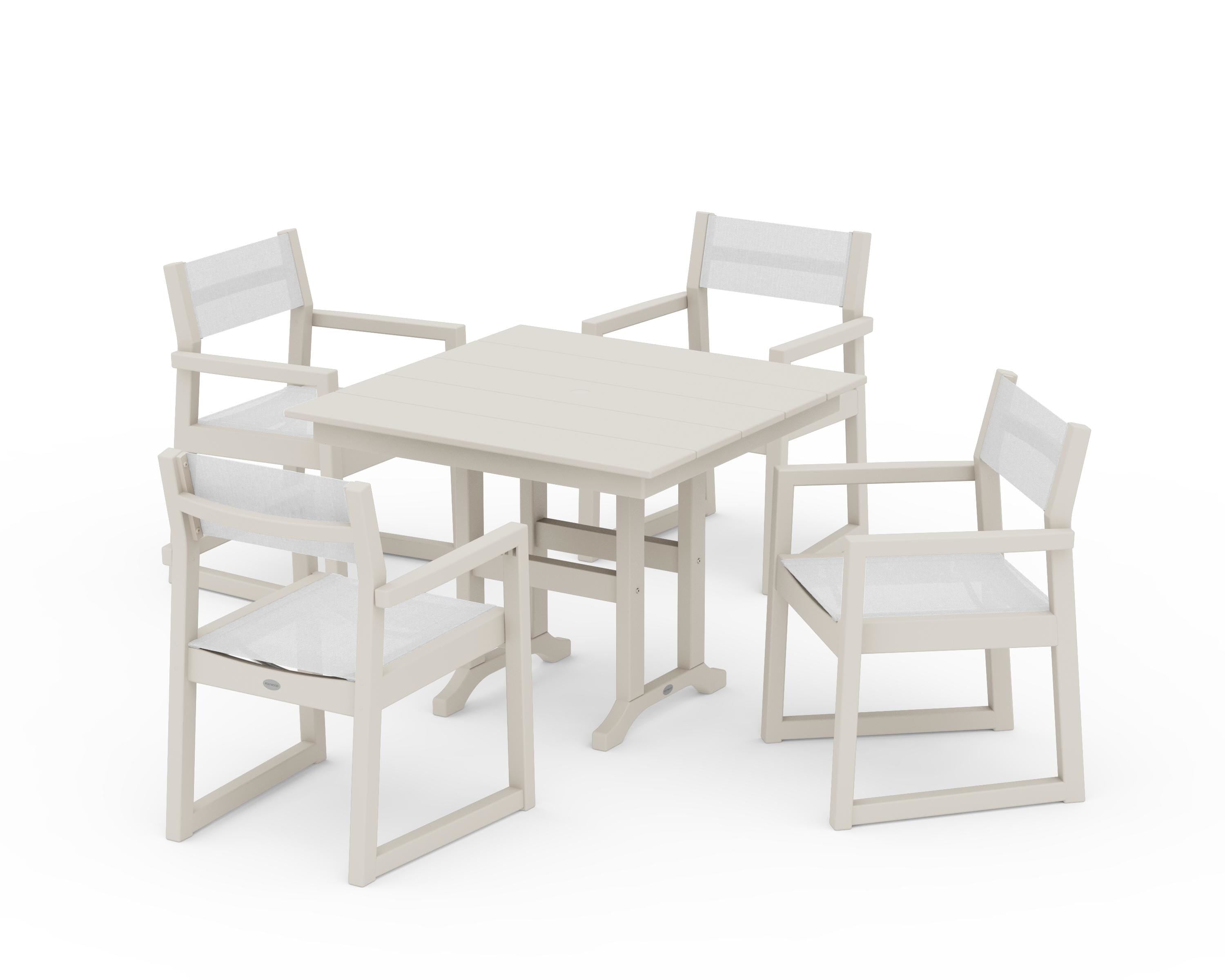 POLYWOOD® EDGE Sling Arm Chair 5-Piece Farmhouse Dining Set in Sand / White Sling