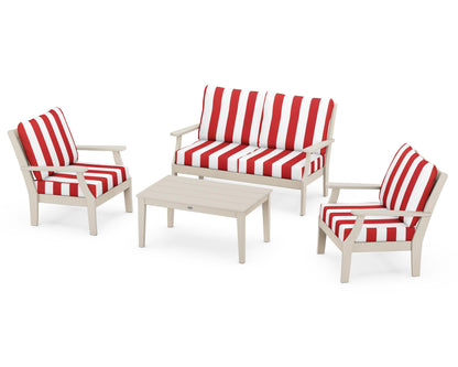 POLYWOOD® Braxton 4-Piece Deep Seating Chair Set in Sand / Cabana Stripe Crimson