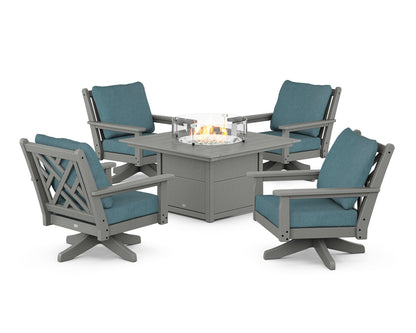 POLYWOOD® Chippendale 5-Piece Deep Seating Swivel Conversation Set with Fire Pit Table in Slate Grey / Ocean Teal