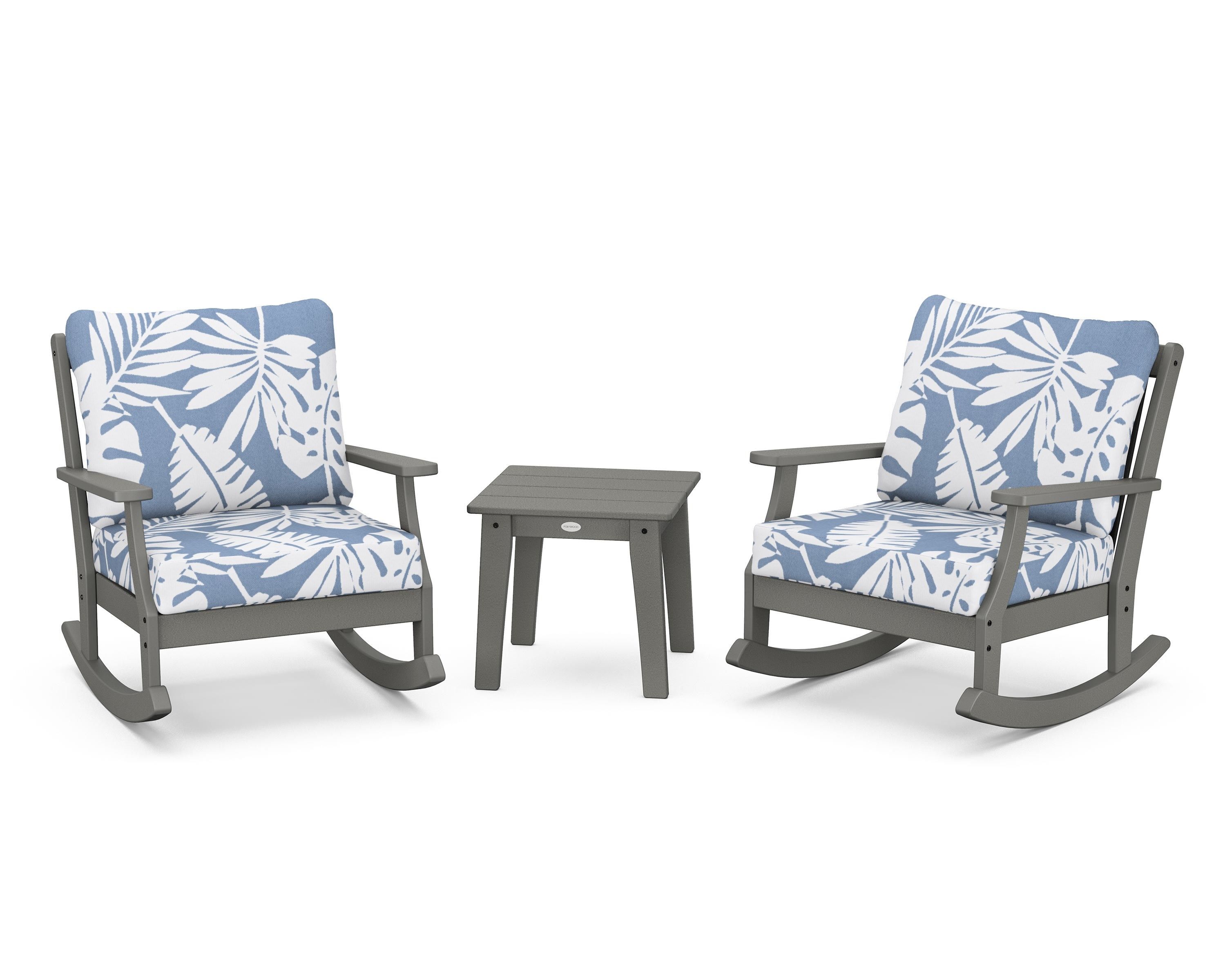 POLYWOOD® Braxton 3-Piece Deep Seating Rocker Set in Slate Grey / Leaf Sky Blue