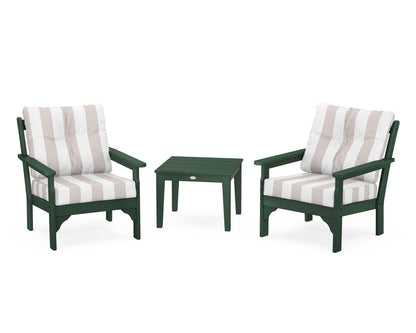 POLYWOOD® Vineyard 3-Piece Deep Seating Set in Green / Cabana Stripe Dune Burlap